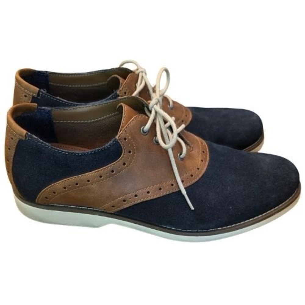 Crown & Ivy Mens 10 Navy Blue Suede‎ Brown Leather Saddle Oxford Shoes Preppy
